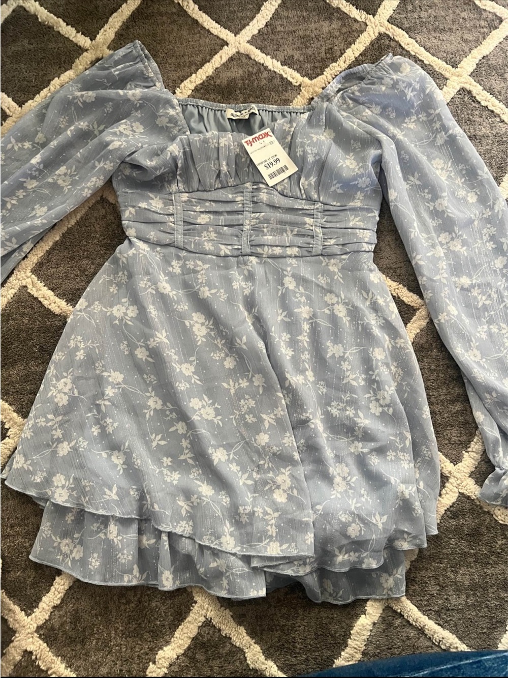 Light Blue Floral Puff-Sleeve Dress